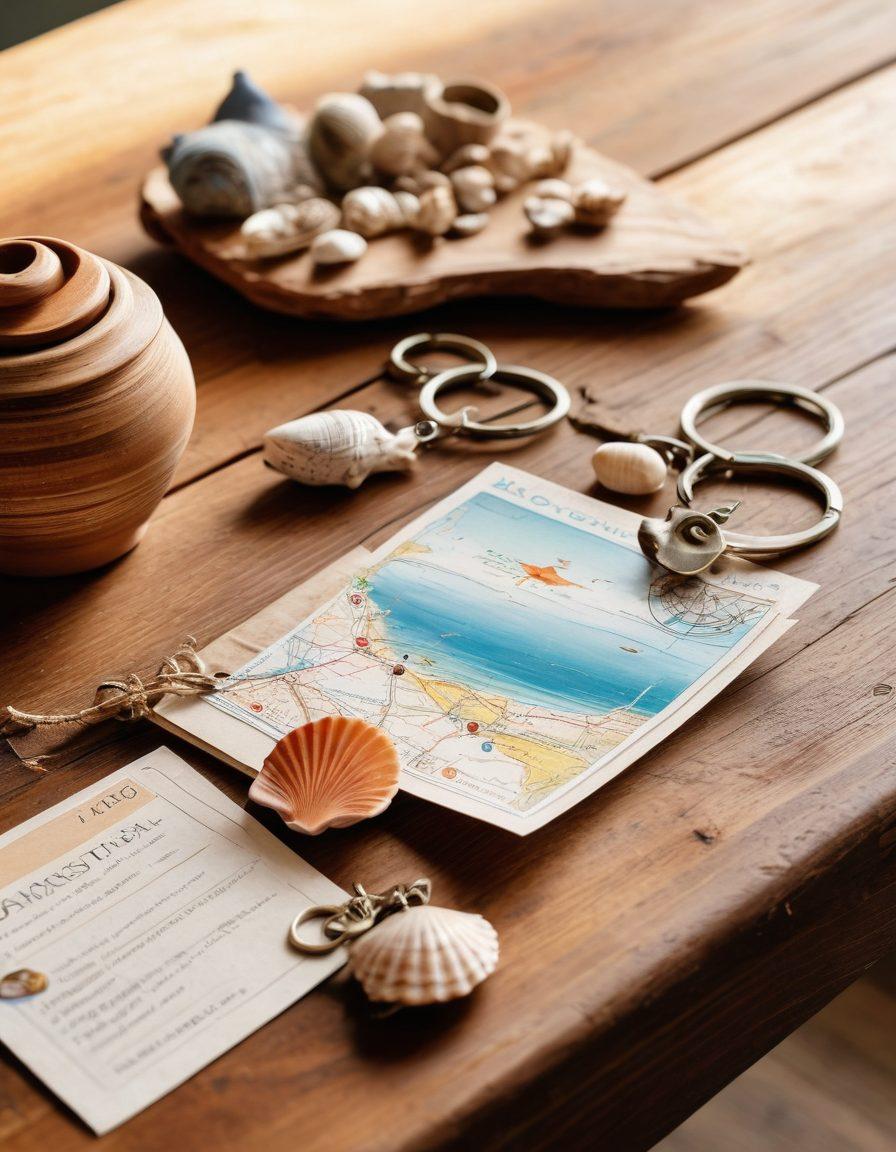 A whimsical collection of distinctive souvenirs from various adventures, including a colorful keychain, a handmade pottery piece, a vintage postcard, and a unique shell from a beach, all arranged on a rustic wooden table. Soft sunlight filters through, casting warm shadows, evoking nostalgia and the joy of memories. Background features faint travel maps and iconic landmarks. vibrant colors. super-realistic.