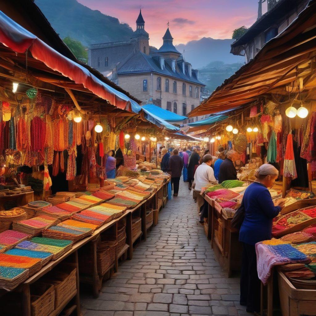 A vibrant, bustling local market scene showcasing colorful stalls filled with unique artisan keepsakes, handmade crafts, and local delicacies. Capture artisans at work creating their crafts, with customers happily interacting and exploring. The background features landmarks of a diverse culture, hinting at travel destinations. Rich textures and warm lighting to evoke a sense of discovery. super-realistic. vibrant colors.