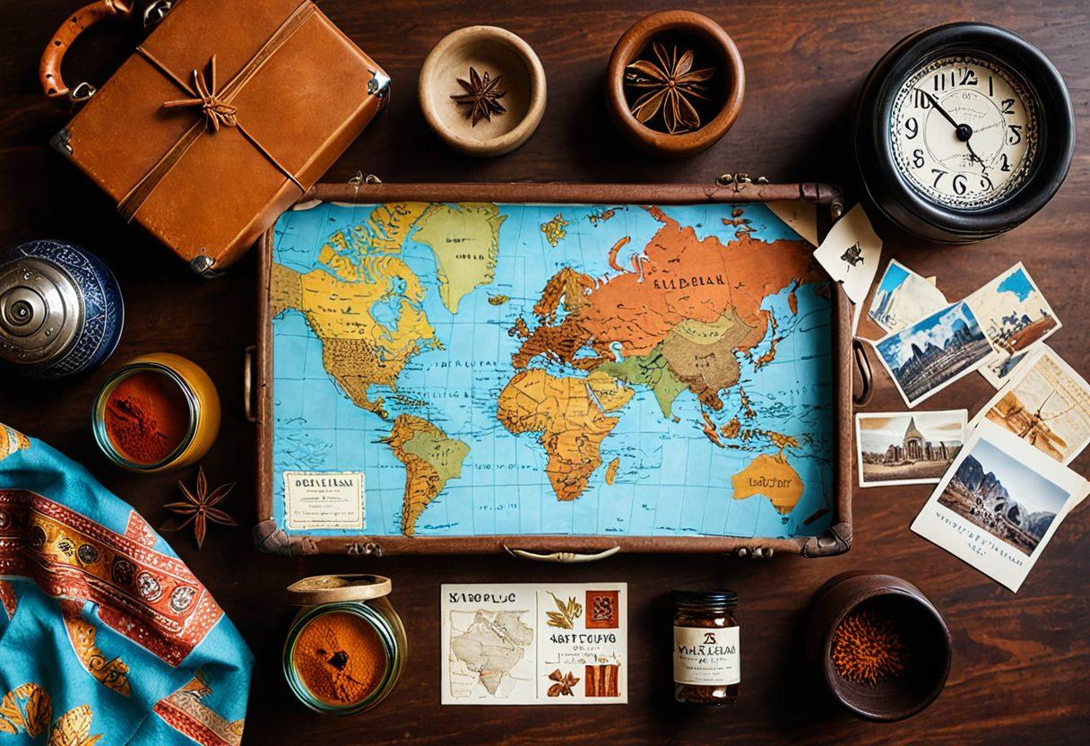 A beautifully arranged flat lay of ten diverse and unique souvenirs from around the world, such as a handcrafted ceramic, exotic spices in glass jars, colorful textiles, and vintage postcards, each representing a different culture. Incorporate travel-themed elements like a vintage suitcase and a world map in the background. The overall composition should evoke a sense of wanderlust and nostalgia. warm tones. artistic photography.
